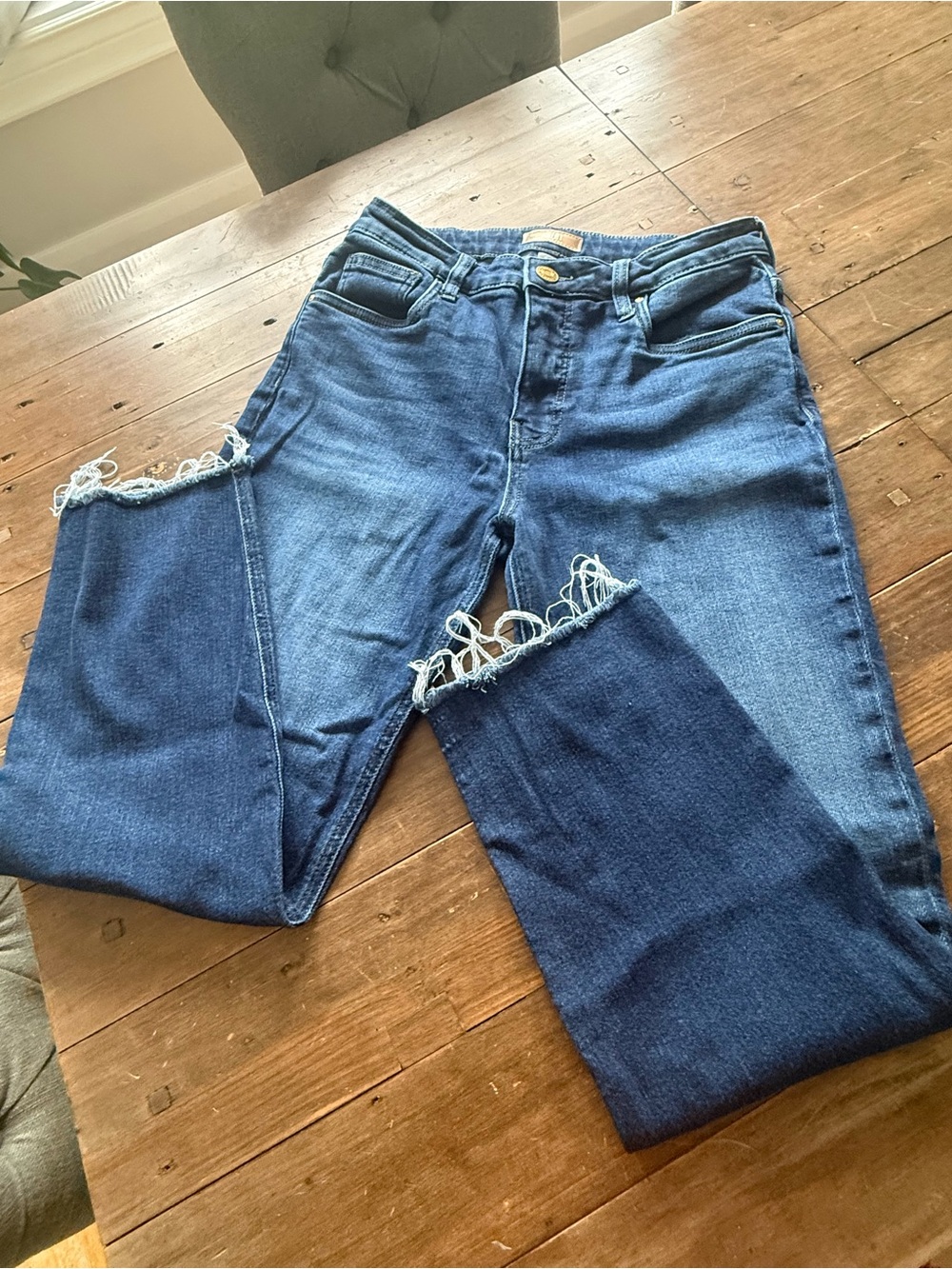 Kut from the Kloth Two-Tone Blue Flare Jeans with Frayed Hem